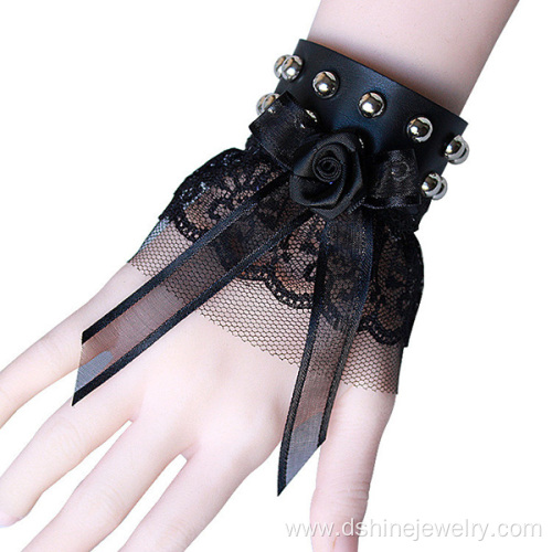 Black Rose Lace Bracelet For Women PU Leather Bangle Design